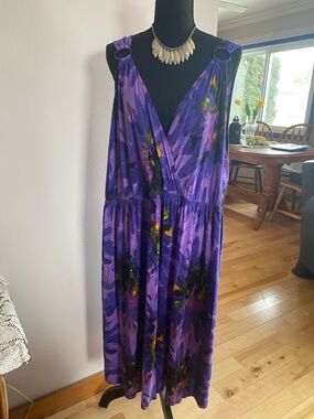Lane Bryant Purple Floral Midi Dress with V-Neck